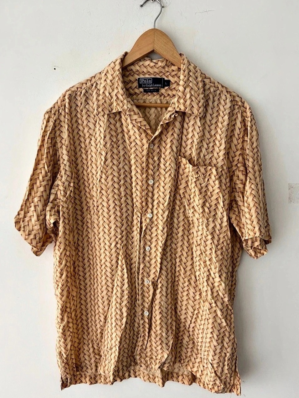 Polo by Ralph Lauren Vintage Basketweave Print Rayon Camp Shirt Men's Large